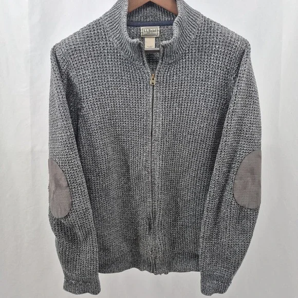 LL Bean Sweater Mens Large Gray Full Zip Elbow Pad Waffle Knit Grandpa Core - Picture 2 of 10